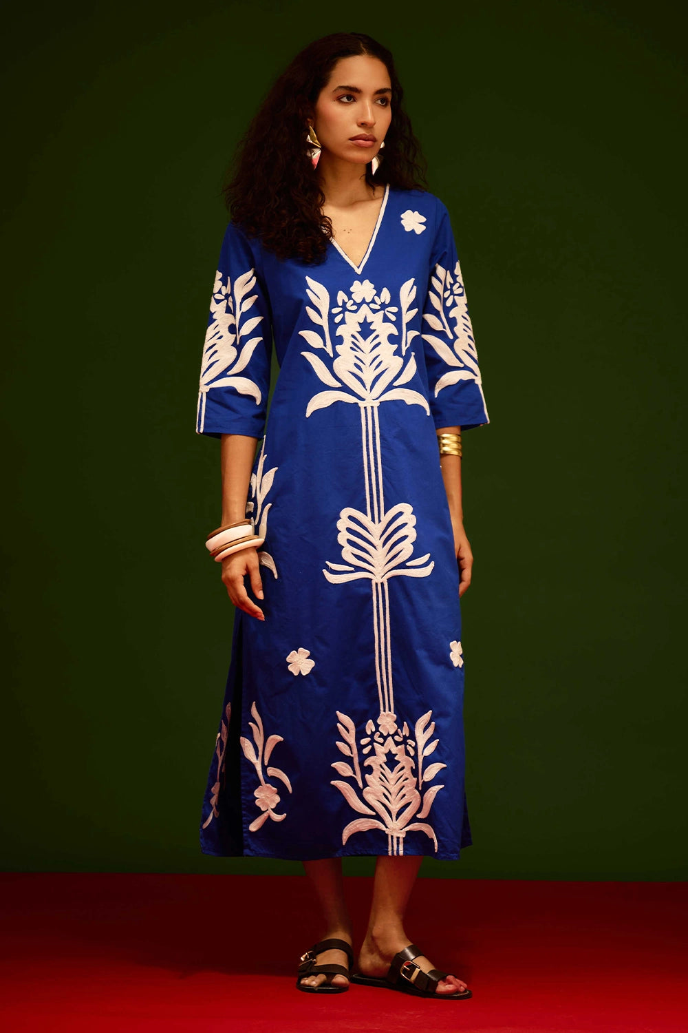 Blue Cotton Maxi Dress with Tulip Thread Embroidery