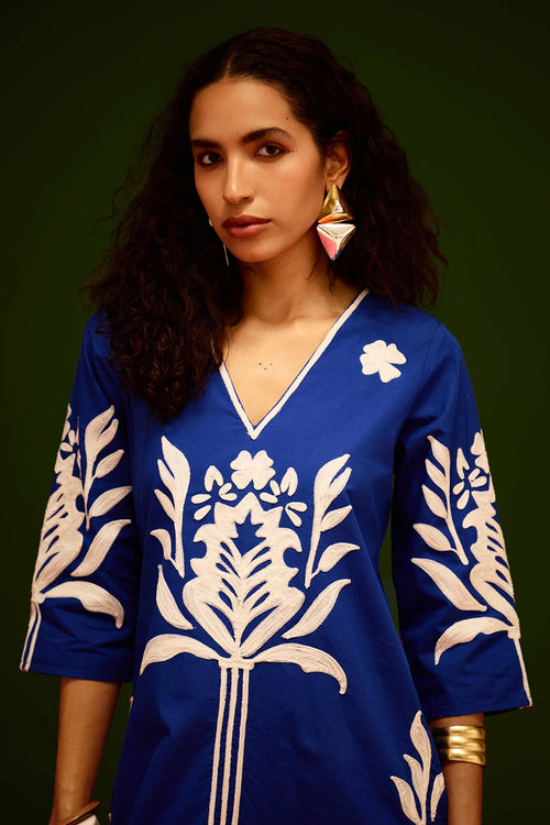 Blue Cotton Maxi Dress with Tulip Thread Embroidery