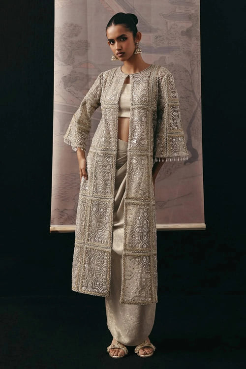Natural Mirrorwork Multi Panel Long Jacket with Bandeau and Pick-up Skirt