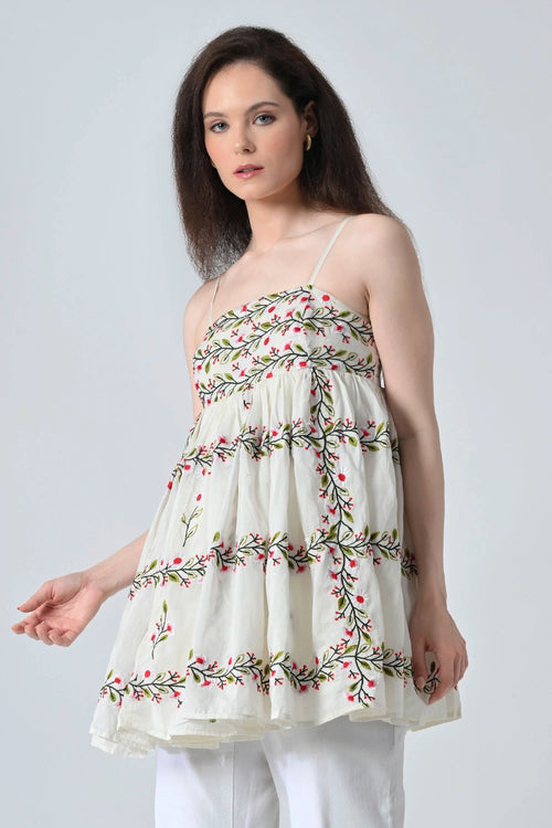 Ivory Vine Embroidered Tiered Top