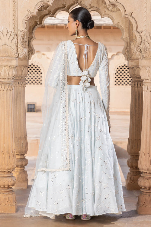Ice Blue SK-BK Lehenga with Embroidered Dupatta