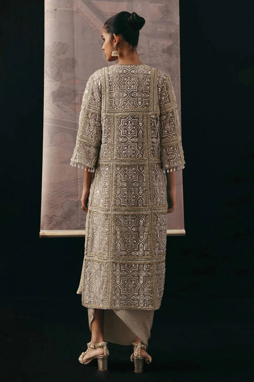 Natural Mirrorwork Multi Panel Long Jacket with Bandeau and Pick-up Skirt