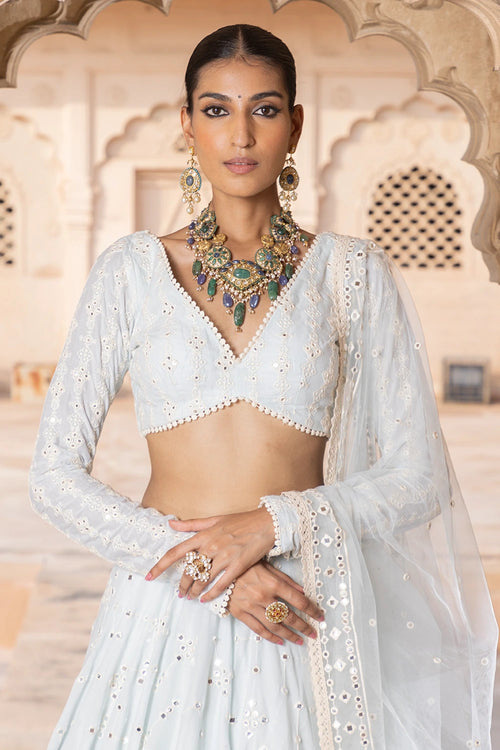 Ice Blue SK-BK Lehenga with Embroidered Dupatta