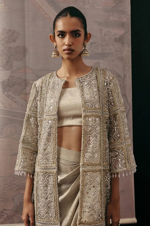 Natural Mirrorwork Multi Panel Long Jacket with Bandeau and Pick-up Skirt