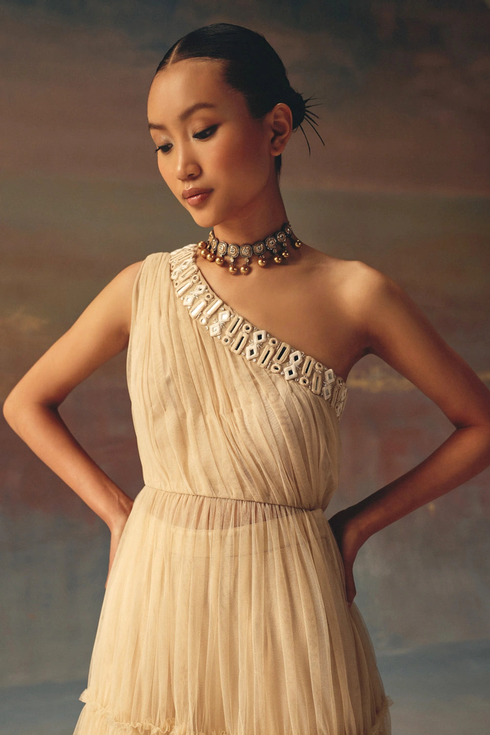 Watery Peach One Shoulder Anarkali Dress and Palazzos with Mirrorwork