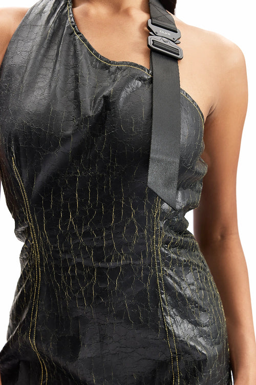 Cracked Leather One-Shoulder Mini Dress