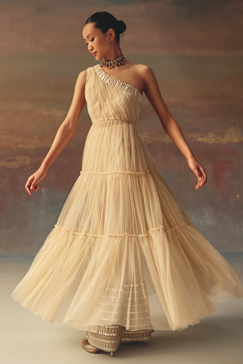 Watery Peach One Shoulder Anarkali Dress and Palazzos with Mirrorwork