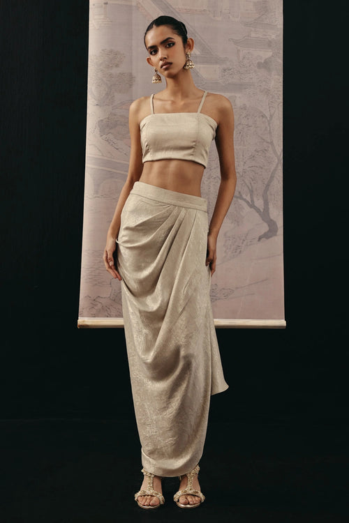 Natural Mirrorwork Multi Panel Long Jacket with Bandeau and Pick-up Skirt