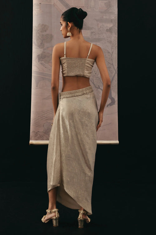 Natural Mirrorwork Multi Panel Long Jacket with Bandeau and Pick-up Skirt