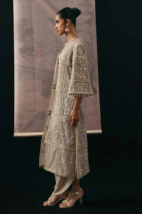 Natural Mirrorwork Multi Panel Long Jacket with Bandeau and Pick-up Skirt