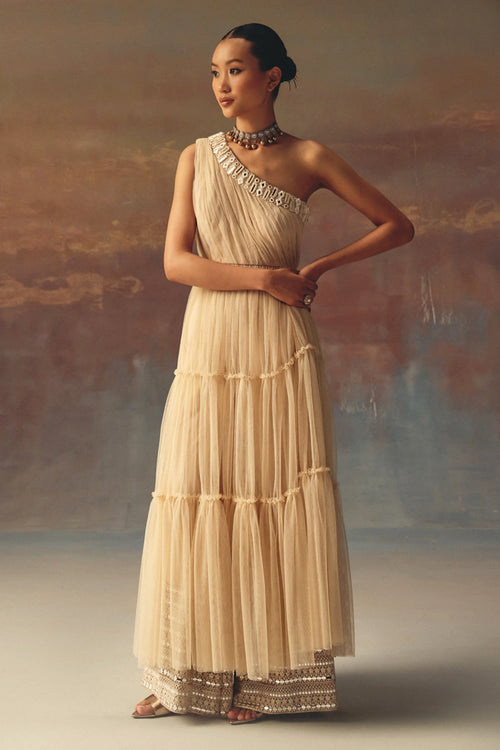 Watery Peach One Shoulder Anarkali Dress and Palazzos with Mirrorwork