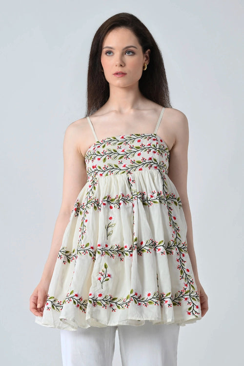 Ivory Vine Embroidered Tiered Top