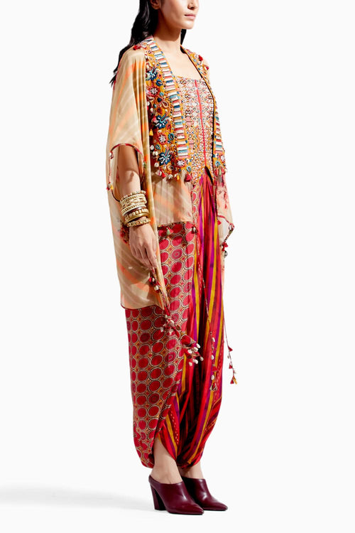 Surmai Multi Veni Dupatta Jacket Drape Trouser Set