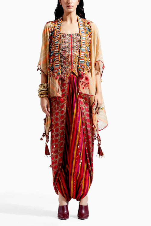 Surmai Multi Veni Dupatta Jacket Drape Trouser Set
