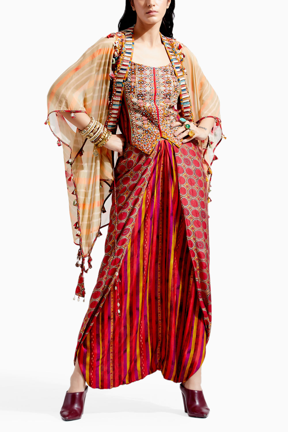 Surmai Multi Veni Dupatta Jacket Drape Trouser Set