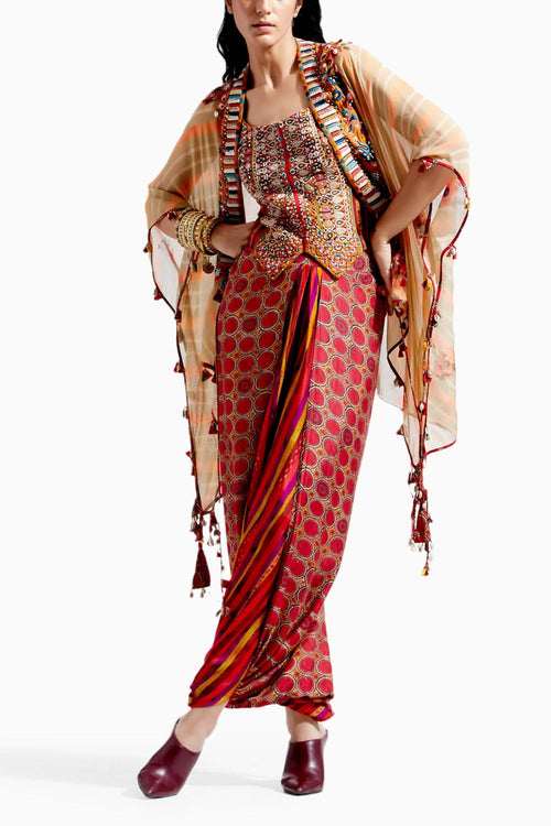 Surmai Multi Veni Dupatta Jacket Drape Trouser Set