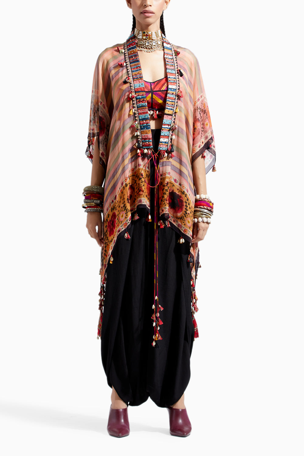 Stripe Multi Veni Dupatta Jacket Set