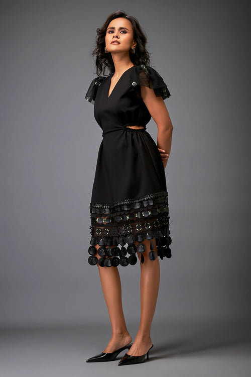 Black Sleek Sheer Sleeve Midi Dress
