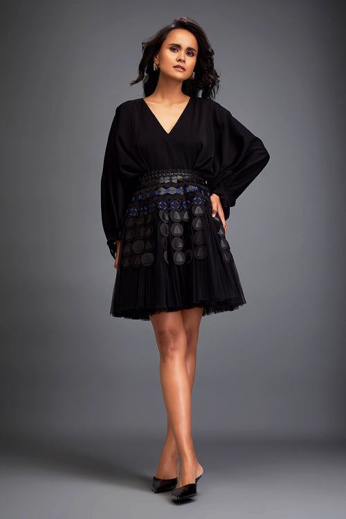 Black Voluminous Dress with Textured Skirt