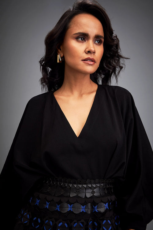 Black Voluminous Dress with Textured Skirt
