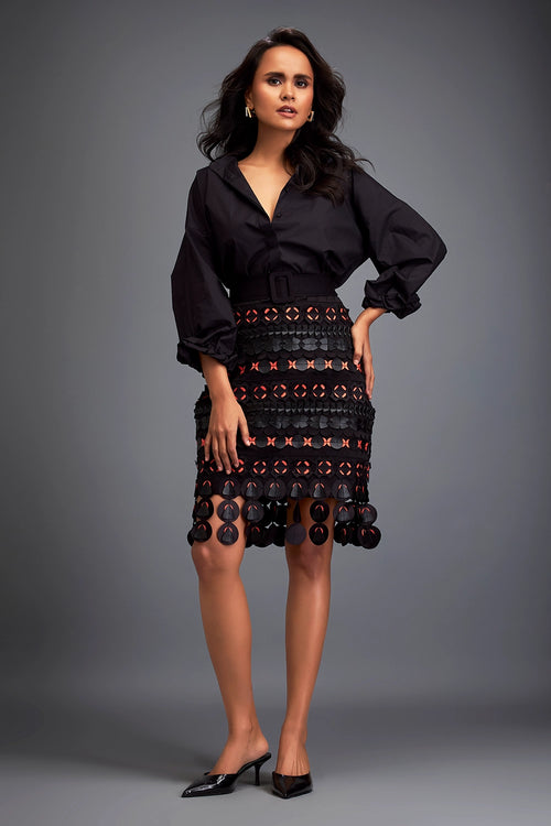 Geometric Black And Red Cutout Skirt