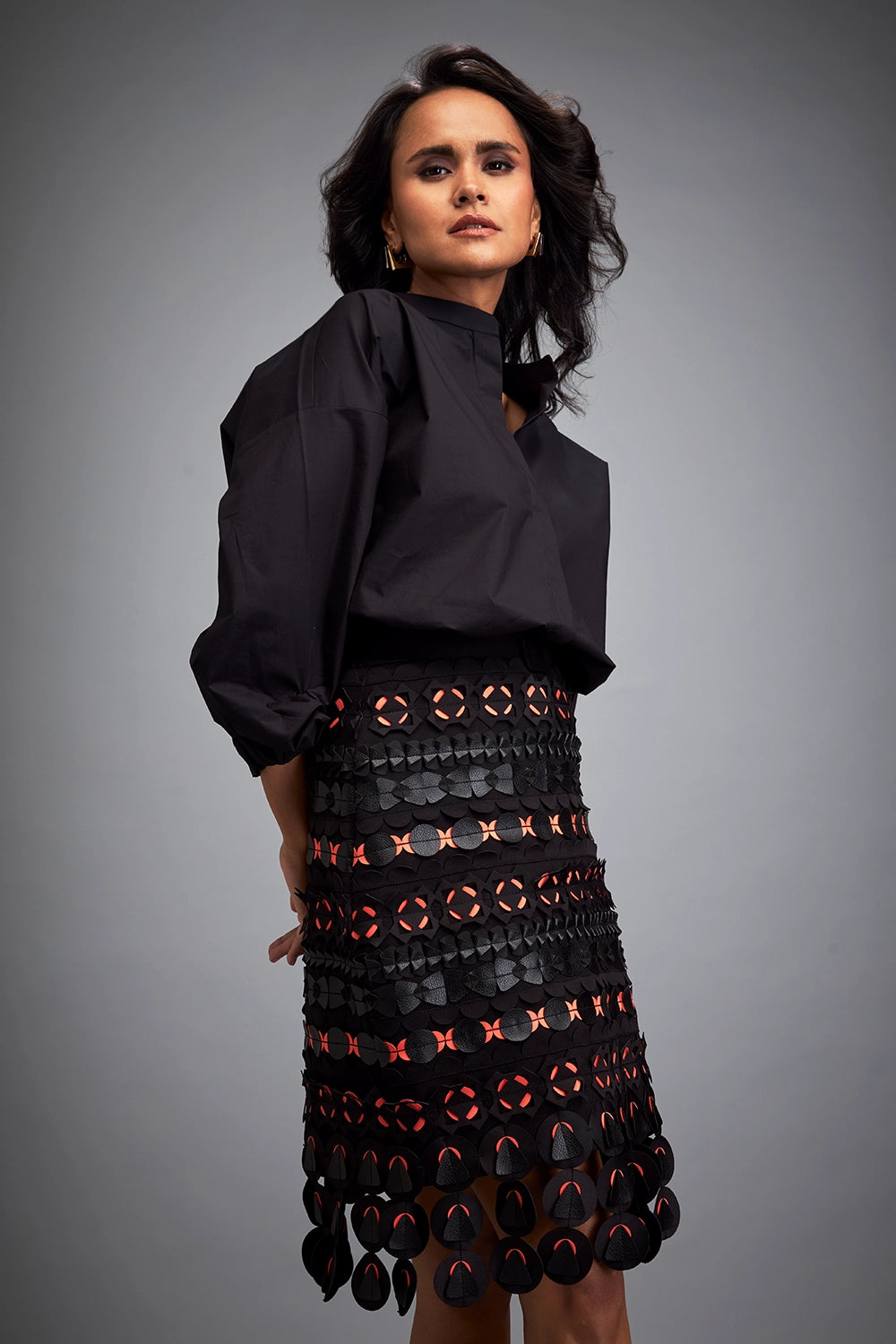 Geometric Black And Red Cutout Skirt