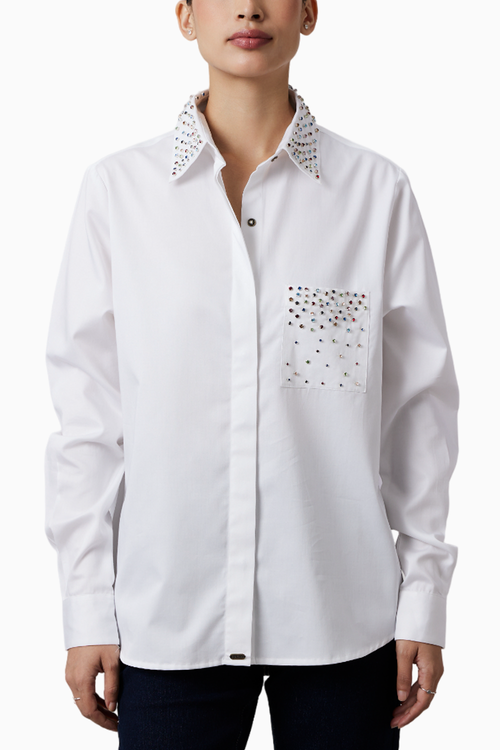 White Multicolor Swarovski Studs Full Sleeve Shirt