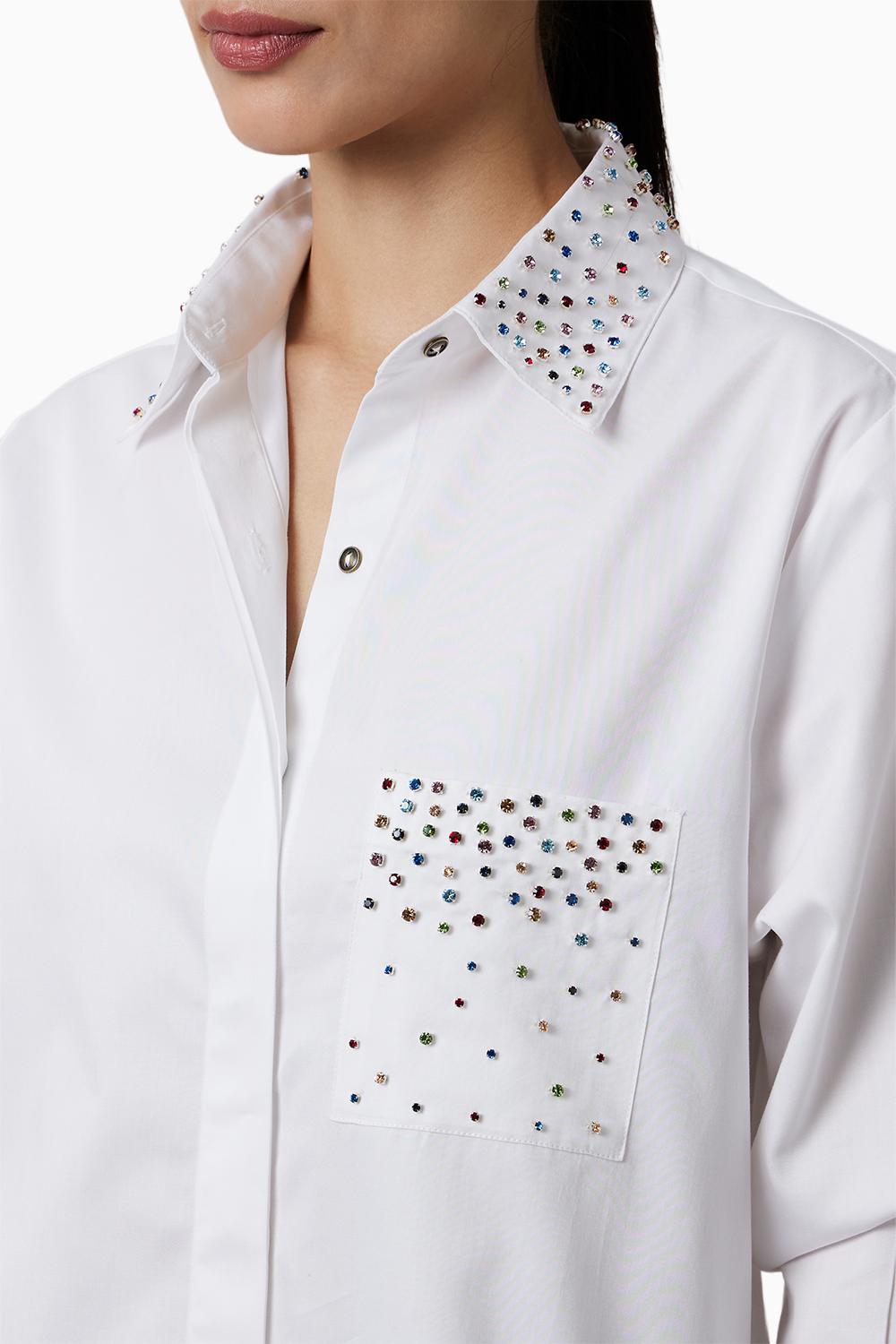 White Multicolor Swarovski Studs Full Sleeve Shirt