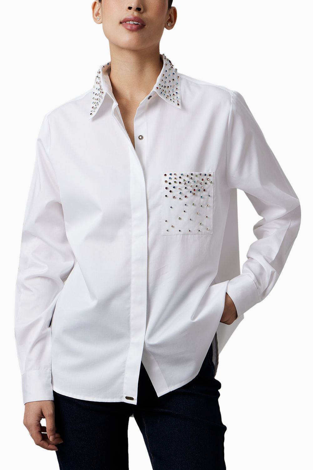 White Multicolor Swarovski Studs Full Sleeve Shirt