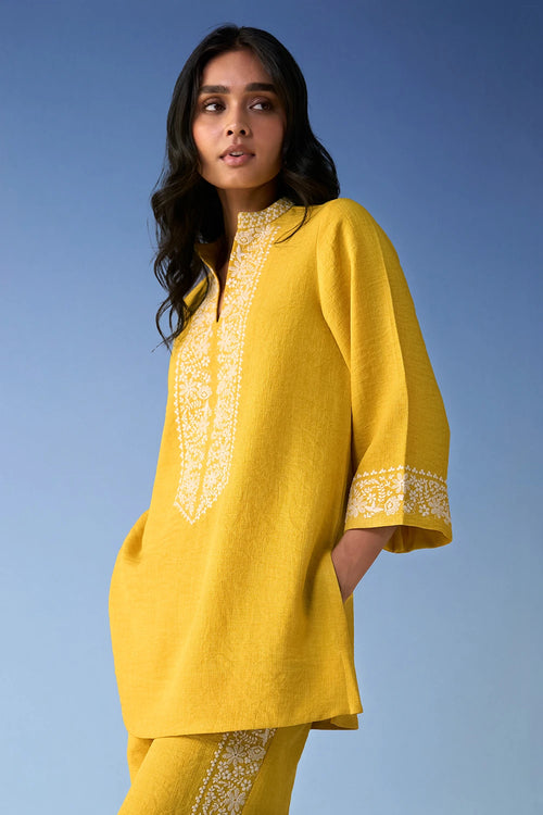 Embroidered Linen-Textured Longline Top