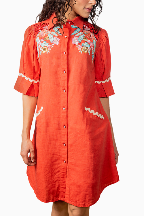 Red Linen Dress with Embroidery
