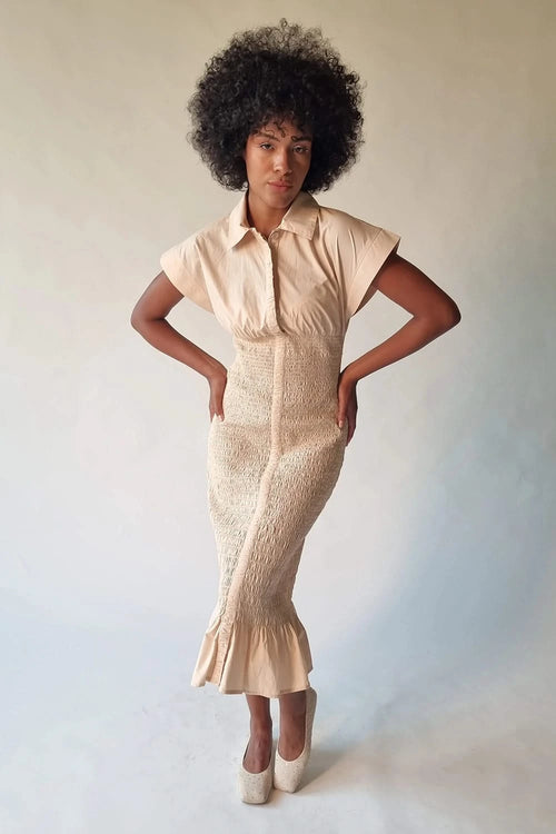 Aged Ivory Poplin Smocked Dress