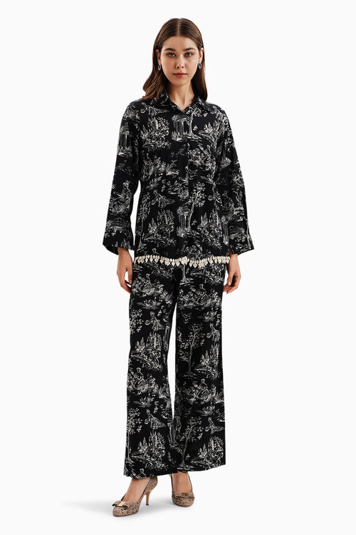 Cotton Lawn Printed Mystic Castle Shirt and Pants Set With Pearls
