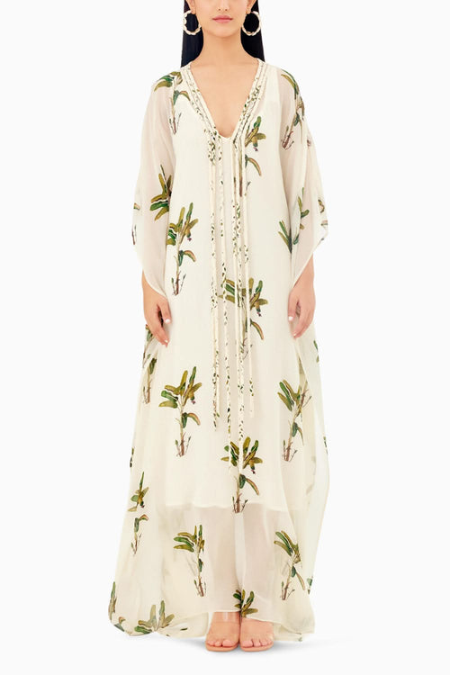 Off-White Hand painted Banana Tree Print Kaftan Dress
