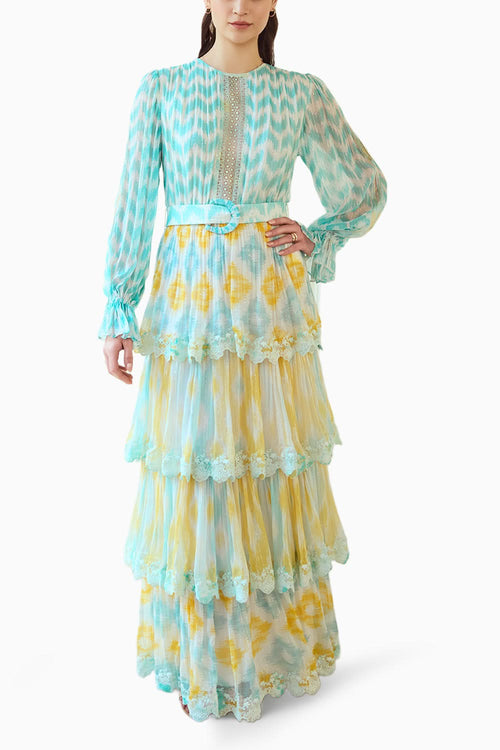 Front Lace Panelled Ikat Tiered Long Dress