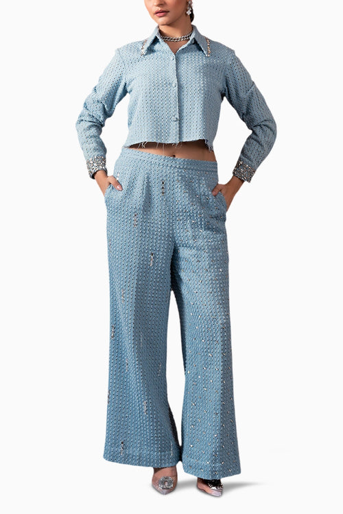 Light Denim Lazercut Crystal Crop Shirt With Light Denim Lazercut Crystal Pants