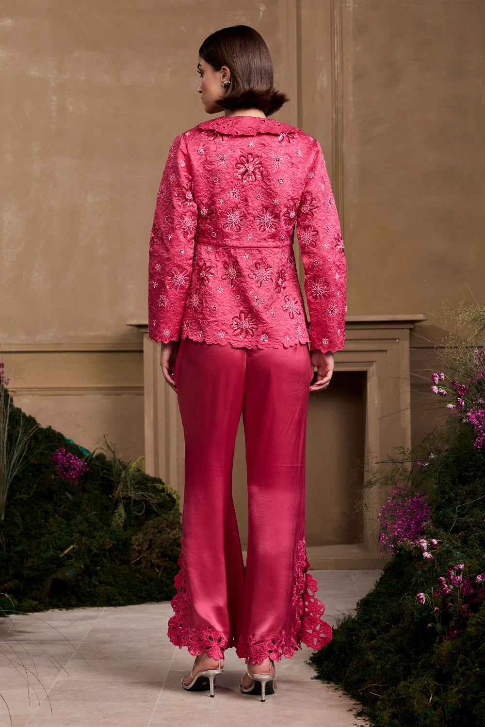 Fuchsia Metallic Quilted Jacket With Bell Bottom Pants