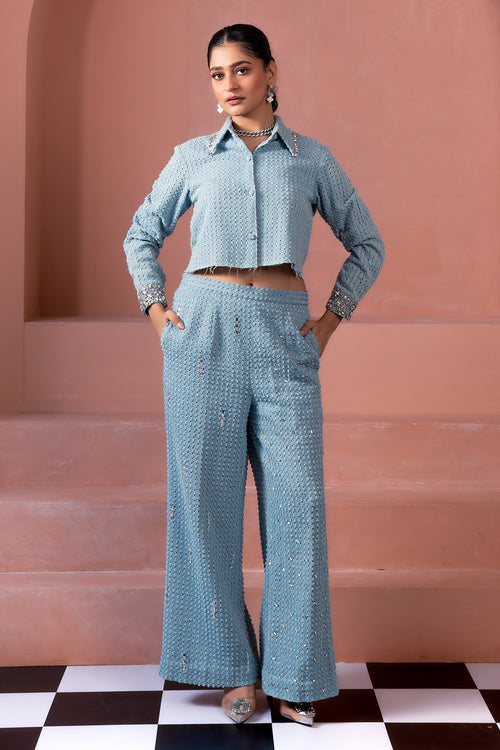 Light Denim Lazercut Crystal Crop Shirt With Light Denim Lazercut Crystal Pants