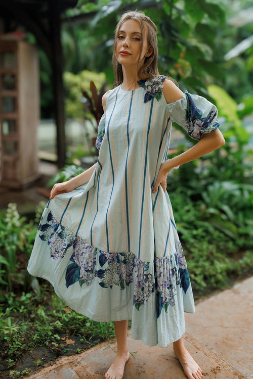 Sky Blue Striped Hydrangea Dress