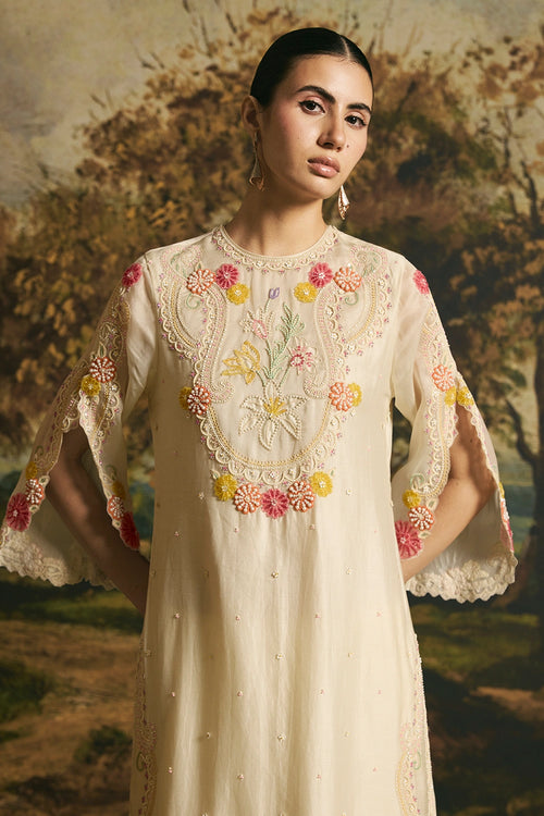 Ivory Beadwork Panelled Kurta With Pants