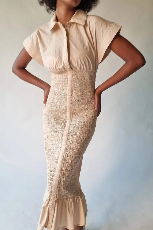 Aged Ivory Poplin Smocked Dress