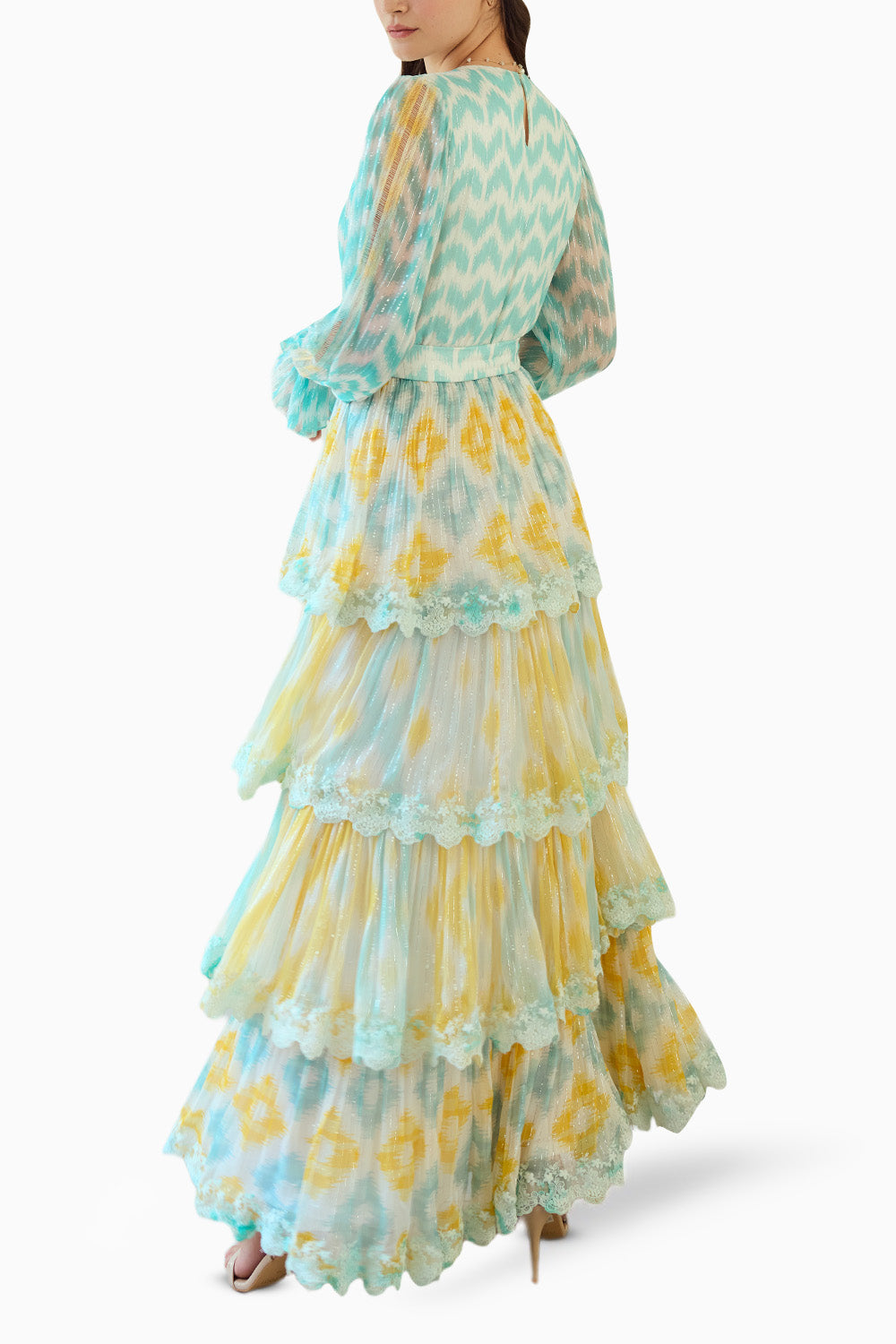 Front Lace Panelled Ikat Tiered Long Dress