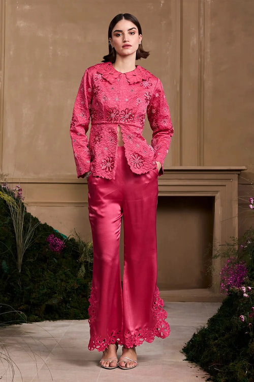 Fuchsia Metallic Quilted Jacket With Bell Bottom Pants