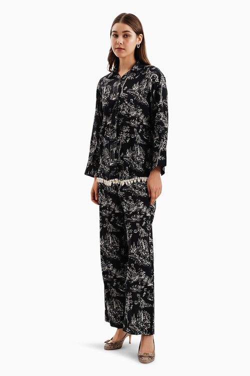 Cotton Lawn Printed Mystic Castle Shirt and Pants Set With Pearls