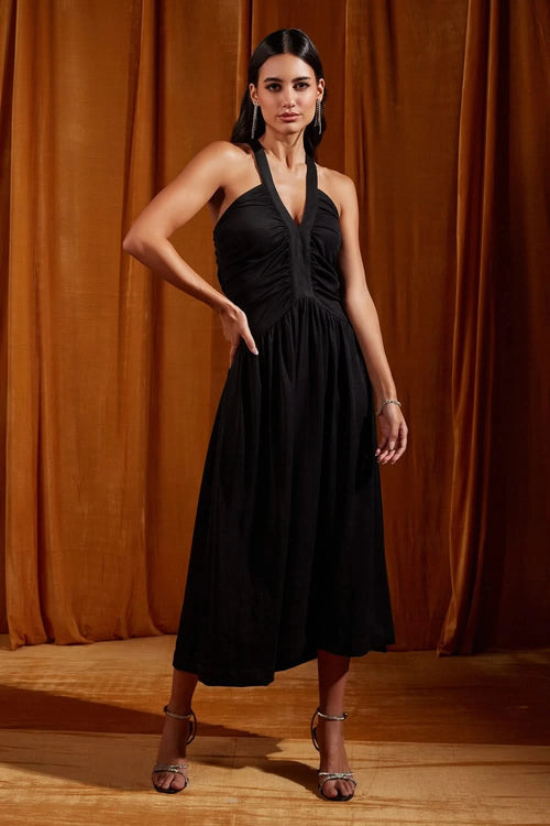Black Ruched Cross Strapped Midi Dress