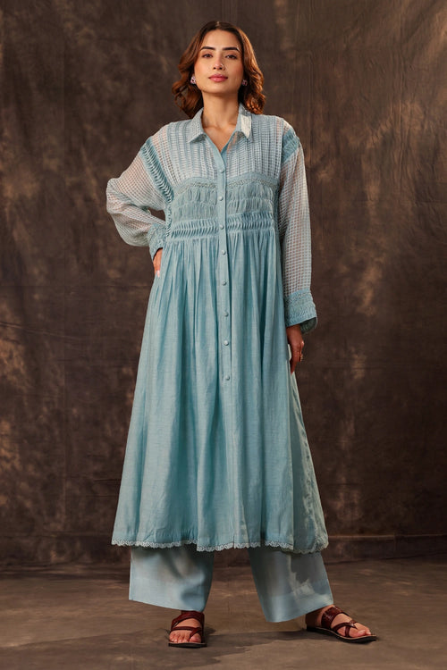 Vaayu Light Blue Pintuck Collar Kurta Set