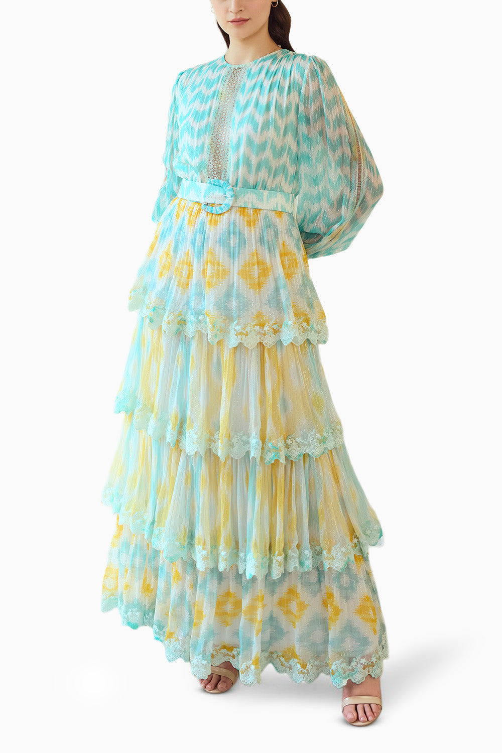 Front Lace Panelled Ikat Tiered Long Dress