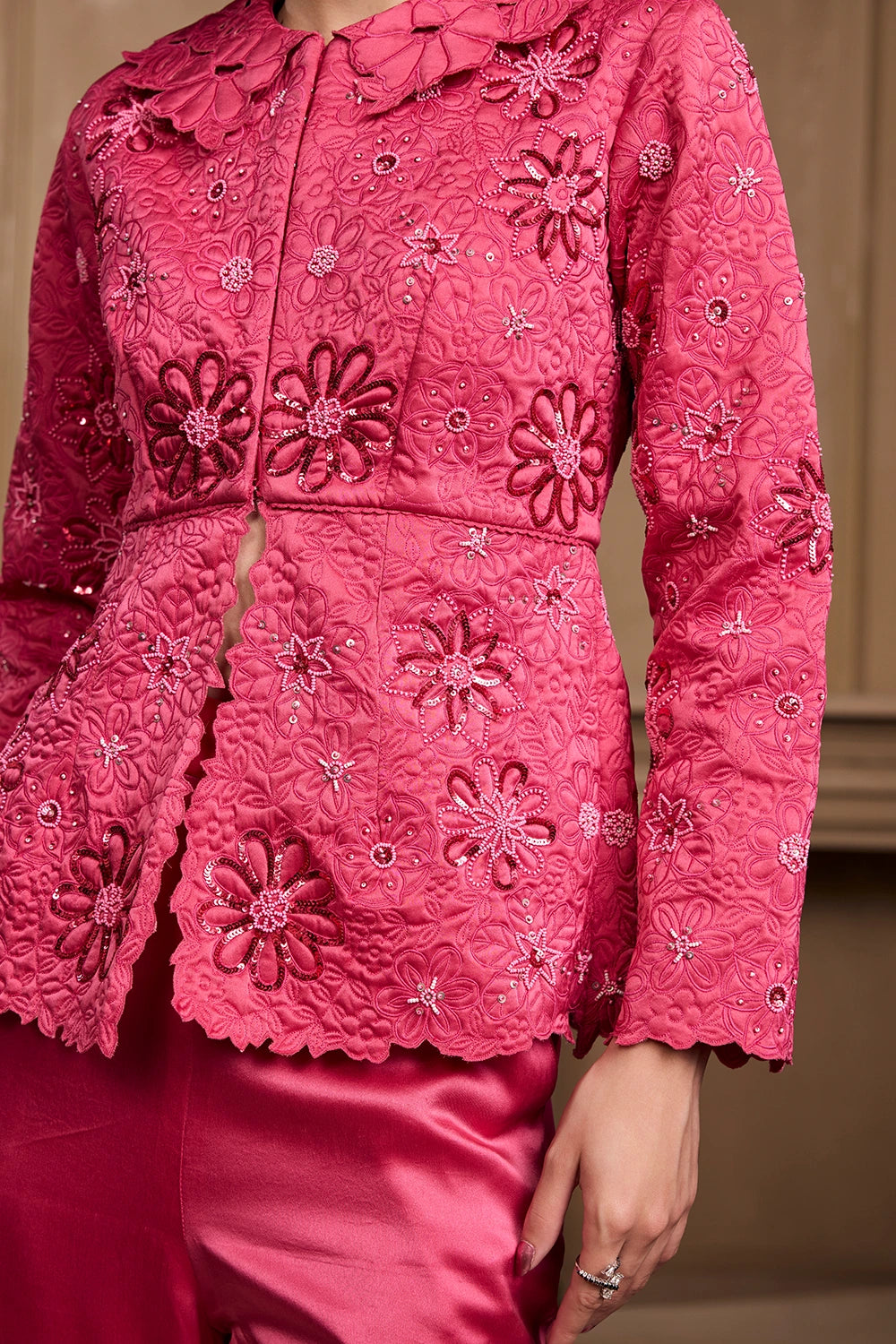 Fuchsia Metallic Quilted Jacket With Bell Bottom Pants