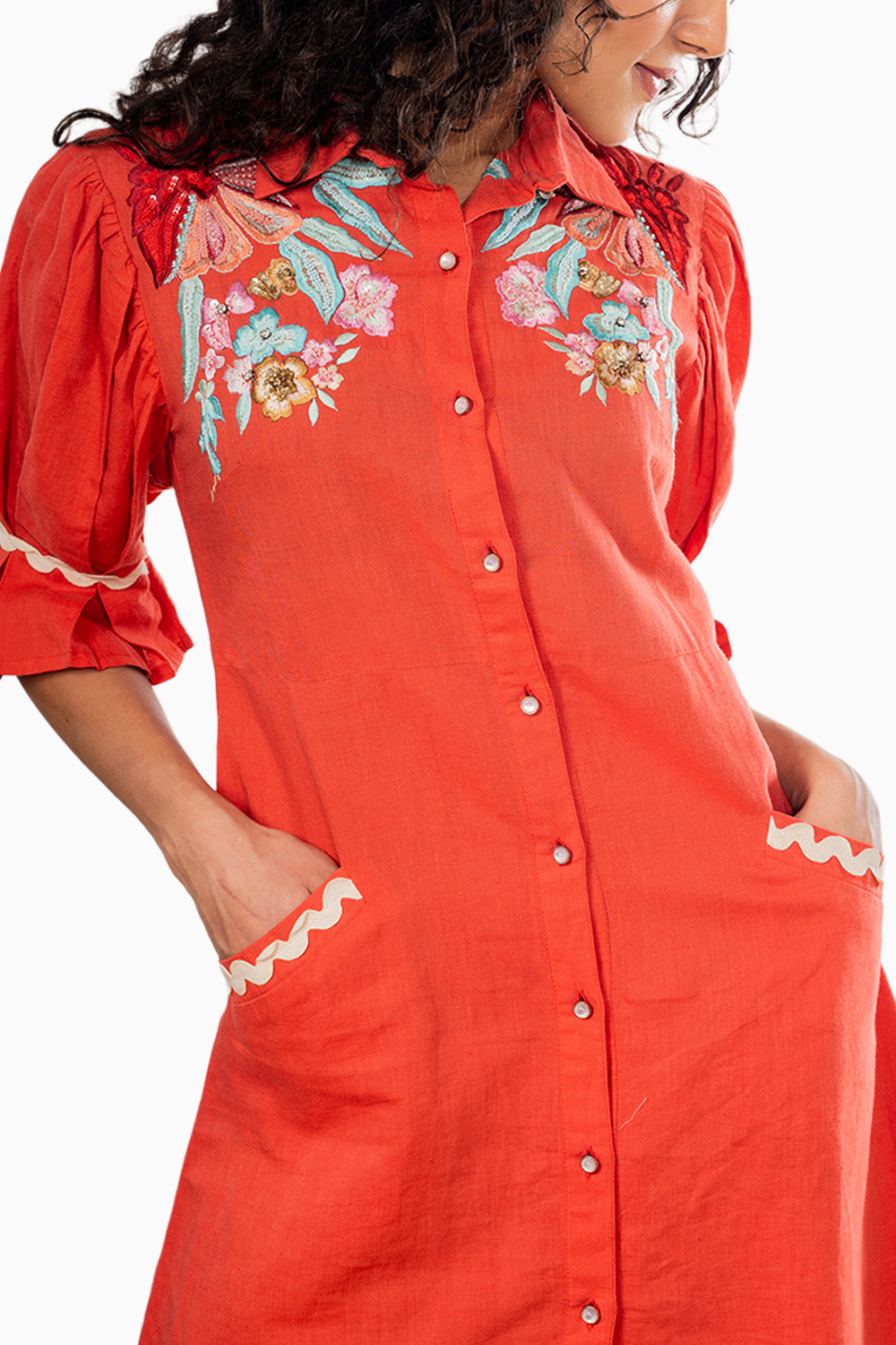 Red Linen Dress with Embroidery