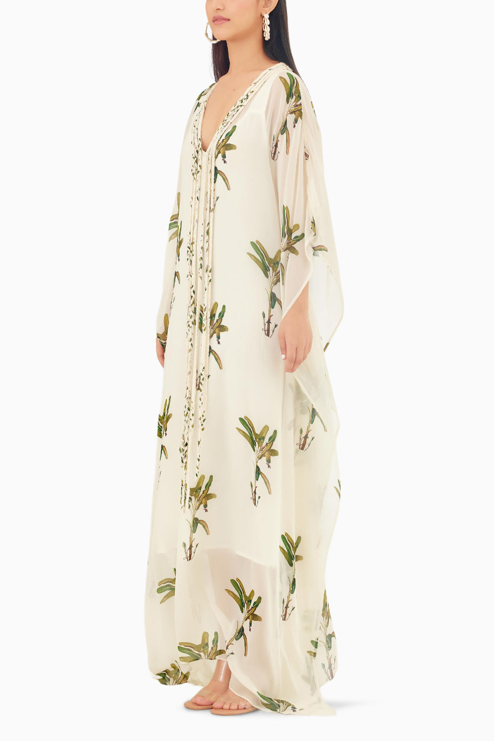 Off-White Hand painted Banana Tree Print Kaftan Dress